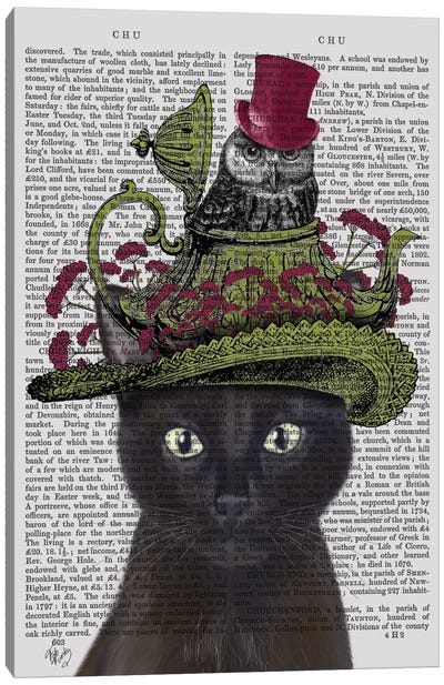 Black Cat With Teapot And Owl I Canvas Art Print - Black Cat Art