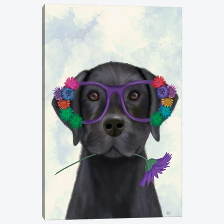 Black Labrador and Flower Glasses Canvas Print #FNK1591} by Fab Funky Canvas Print