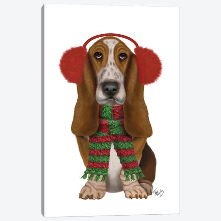 Christmas Des - Basset Hound and Ear Muffs Canvas Print #FNK1610} by Fab Funky Canvas Art
