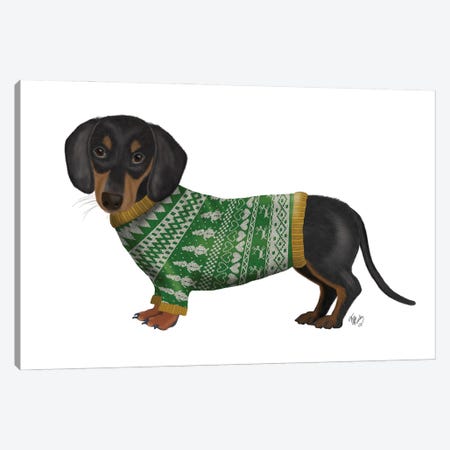 Christmas Des - Dachshund and Christmas Sweater Canvas Print #FNK1617} by Fab Funky Canvas Print