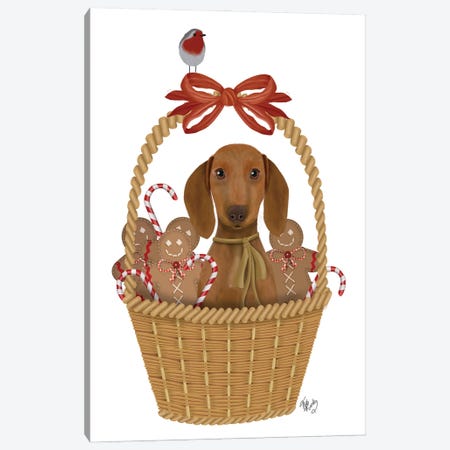 Christmas Des - Dog in Basket with Gingerbread Men Canvas Print #FNK1620} by Fab Funky Canvas Print