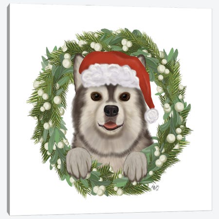 Christmas Des - Husky Wreath Canvas Print #FNK1622} by Fab Funky Canvas Art Print