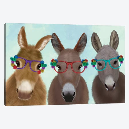 Donkey Trio Flower Glasses Canvas Print #FNK1691} by Fab Funky Canvas Wall Art