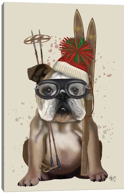 English Bulldog, Skiing Canvas Art Print - Christmas Animal Art