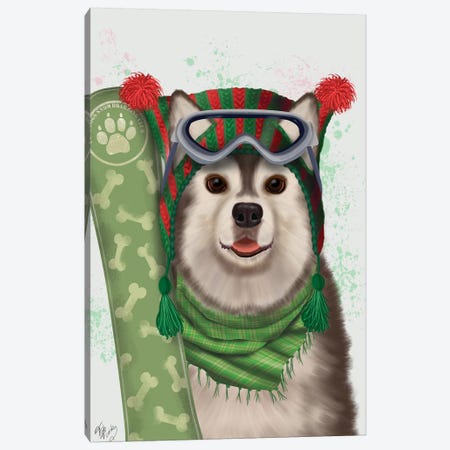 Husky Snowboard Canvas Print #FNK1774} by Fab Funky Canvas Art