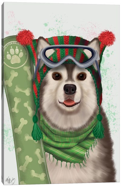 Husky Snowboard Canvas Art Print - Siberian Husky Art