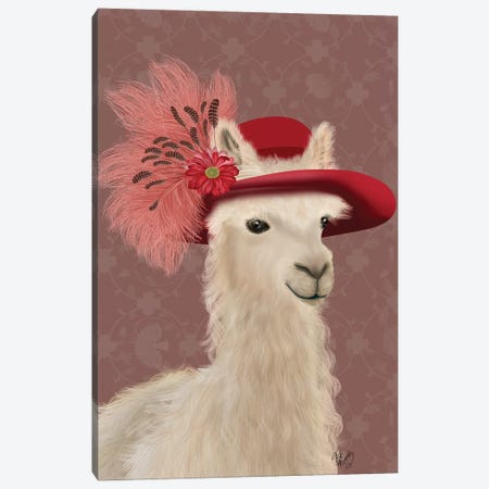 Llama Red Feather Hat Canvas Print #FNK1828} by Fab Funky Art Print