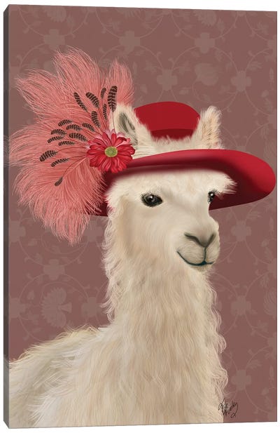 Llama Red Feather Hat Canvas Art Print - Llama & Alpaca Art