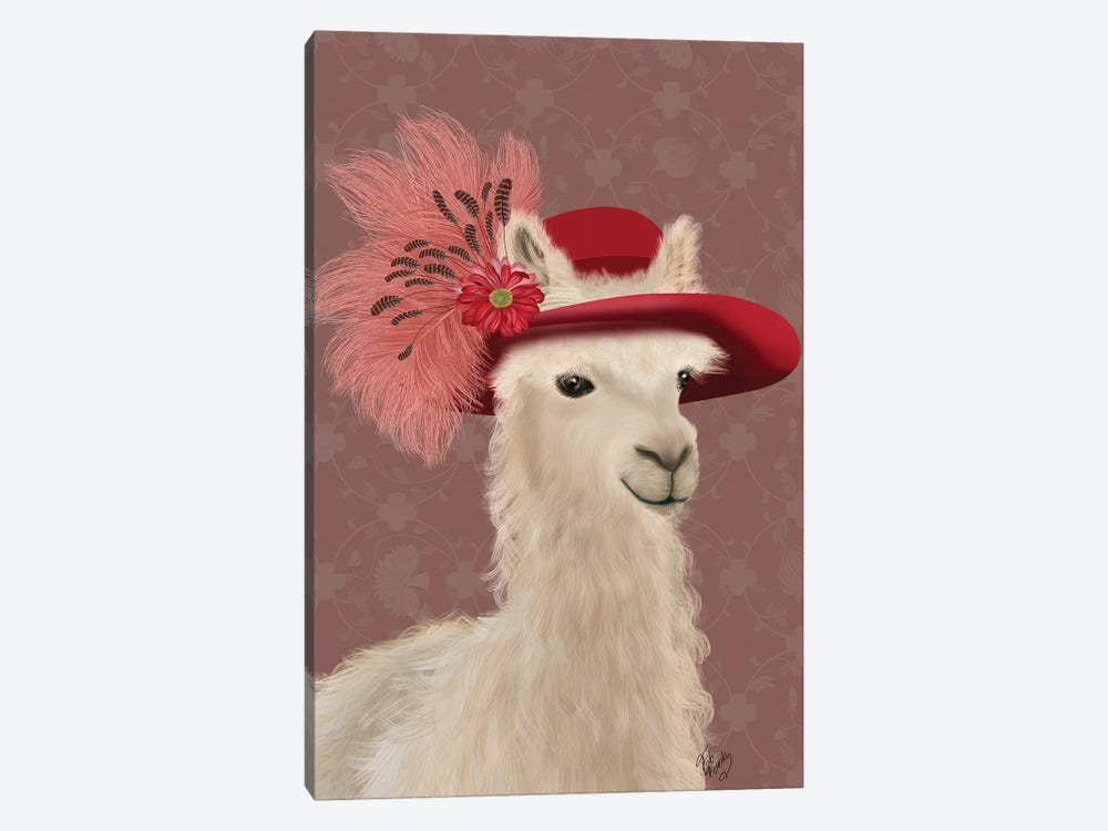 Llama Red Feather Hat by Fab Funky 1-piece Canvas Artwork
