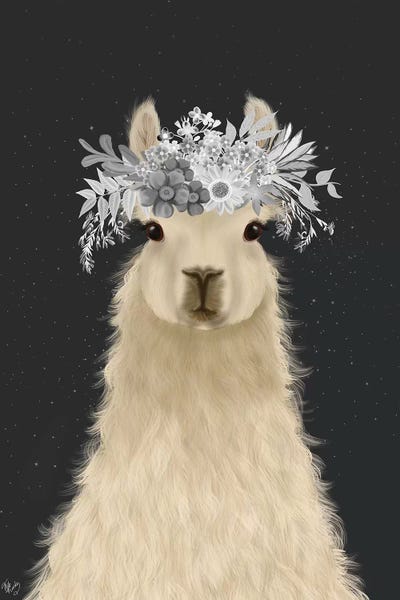 Llama White Flowers by Fab Funky canvas print