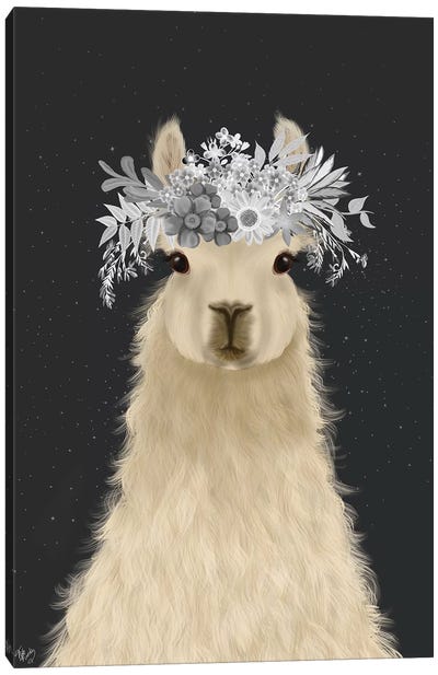 Llama White Flowers Canvas Art Print - Llama & Alpaca Art