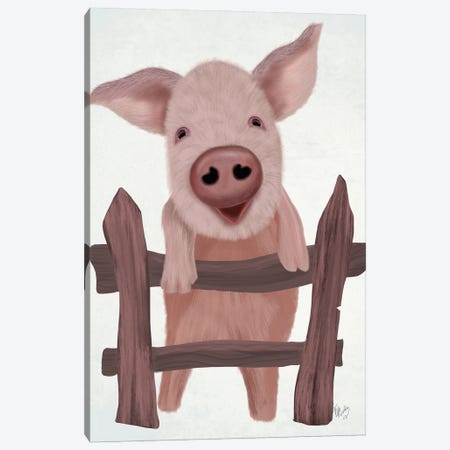 Pig On Fence Canvas Print #FNK1872} by Fab Funky Canvas Wall Art