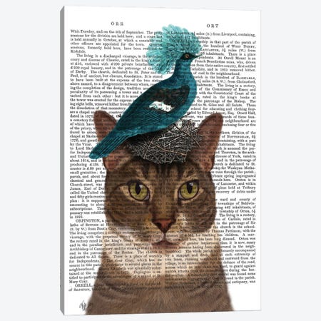 Cat With Nest And Blue Bird I Canvas Print #FNK209} by Fab Funky Canvas Art