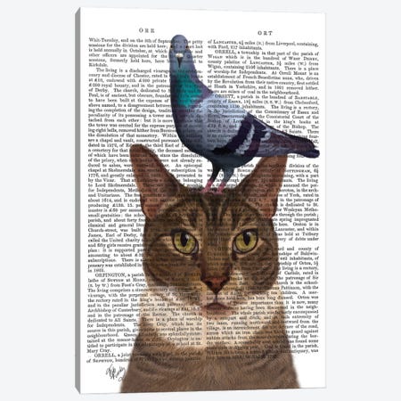 Cat With Pigeon On Head I Canvas Print #FNK211} by Fab Funky Canvas Print
