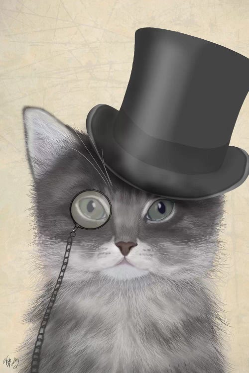 Cat With Top Hat II Canvas Wall Art by Fab Funky | iCanvas