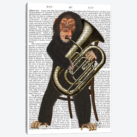 Chimp Playing A Tuba I Canvas Print #FNK216} by Fab Funky Canvas Wall Art