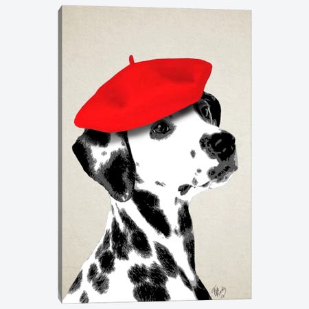 Dalmatian With Red Beret Canvas Print #FNK22} by Fab Funky Canvas Art Print