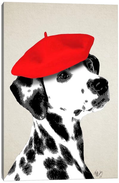 Dalmatian With Red Beret Canvas Art Print - Dog Art