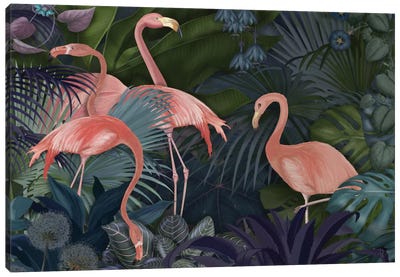 Flamingos In A Garden II Canvas Art Print - Pantone Living Coral 2019