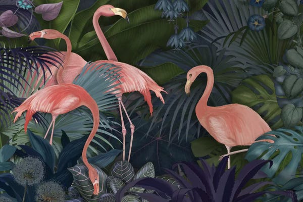 Monsteras: Flamingos In A Garden II by Fab Funky