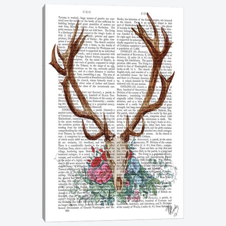 Deer Skull With Flowers I Canvas Print #FNK26} by Fab Funky Canvas Artwork