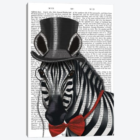 Sideways Zebra With Top Hat And Bow Tie I Canvas Print #FNK423} by Fab Funky Canvas Wall Art