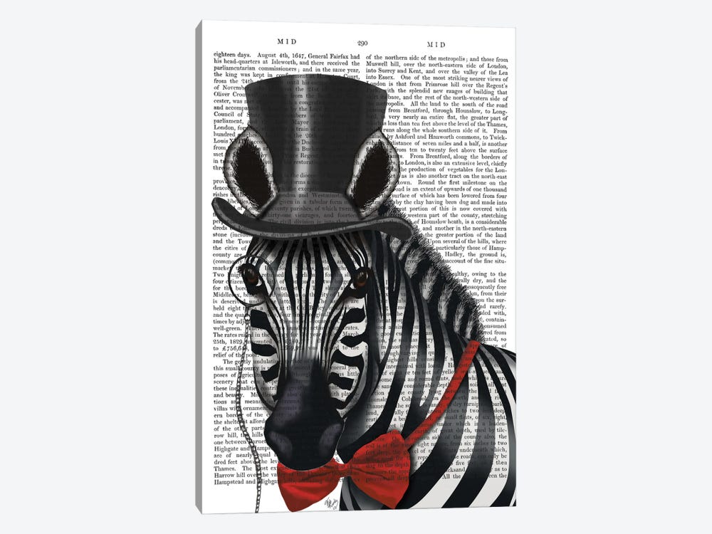 Sideways Zebra With Top Hat And Bow Tie I by Fab Funky 1-piece Canvas Artwork