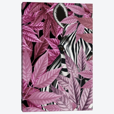 Zebra In Pink Leaves Canvas Print #FNK480} by Fab Funky Canvas Artwork