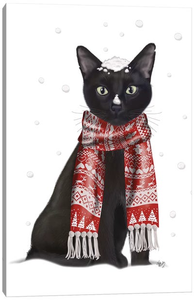 Black Cat, Red Scarf Canvas Art Print - Christmas Animal Art