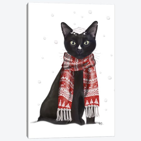 Black Cat, Red Scarf Canvas Print #FNK514} by Fab Funky Canvas Art Print