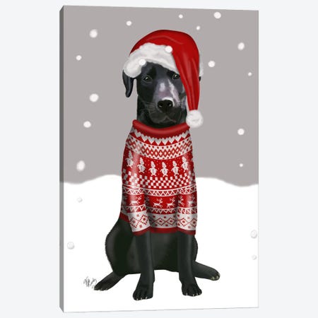 Black Labrador, Christmas Sweater I Canvas Print #FNK521} by Fab Funky Canvas Art Print