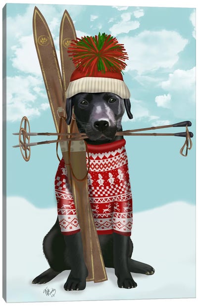 Black Labrador, Skiing Canvas Art Print - Christmas Animal Art