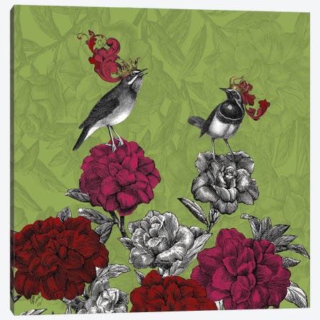 Blooming Birds, Rhododendron Canvas Print #FNK526} by Fab Funky Canvas Wall Art