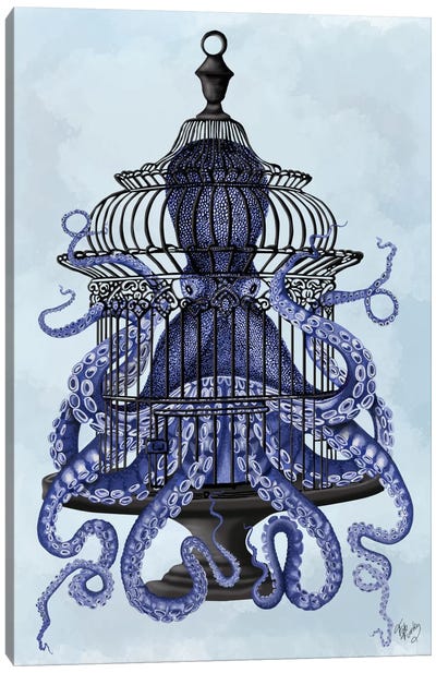Blue Octopus in Cage Canvas Art Print - Fab Funky