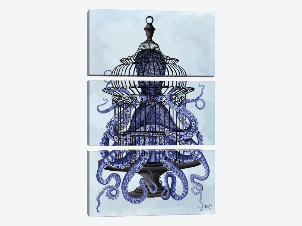 Blue Octopus in Cage by Fab Funky 3-piece Art Print