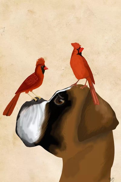 Boxer and Red Cardinals by Fab Funky acrylic art print