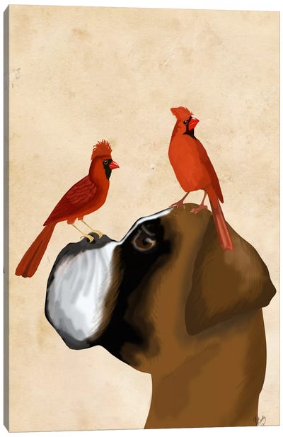 Boxer and Red Cardinals Canvas Art Print - Boxer Art