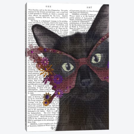 Cat and Flower Glasses, Print BG Canvas Print #FNK553} by Fab Funky Canvas Artwork