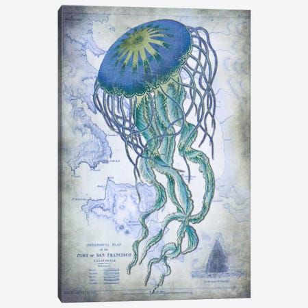 Jellyfish On Image Of Nautical Map Canvas Print #FNK55} by Fab Funky Canvas Art Print
