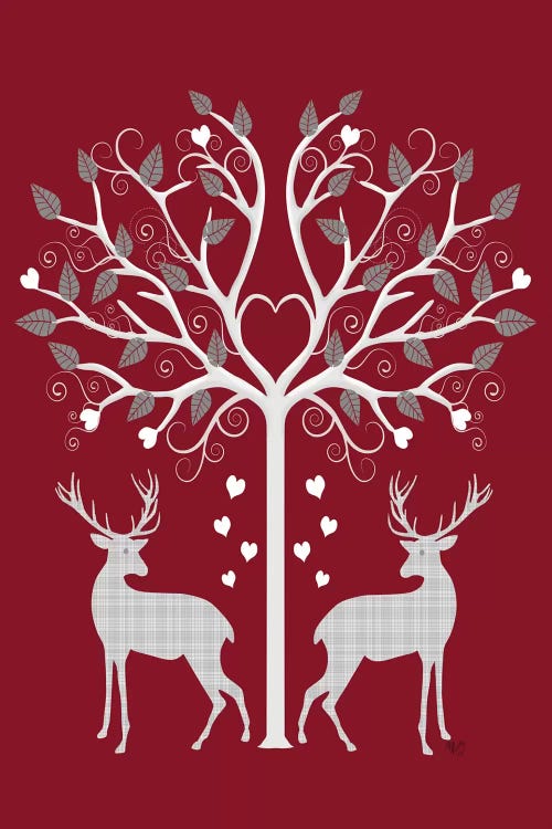 Christmas Des - Deer and Heart Tree, Grey on Red