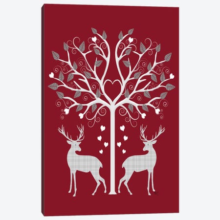Christmas Des - Deer and Heart Tree, Grey on Red Canvas Print #FNK571} by Fab Funky Canvas Artwork