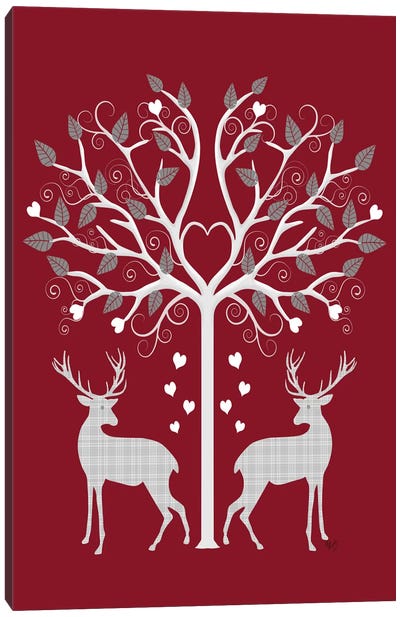 Christmas Des - Deer and Heart Tree, Grey on Red Canvas Art Print - Fab Funky