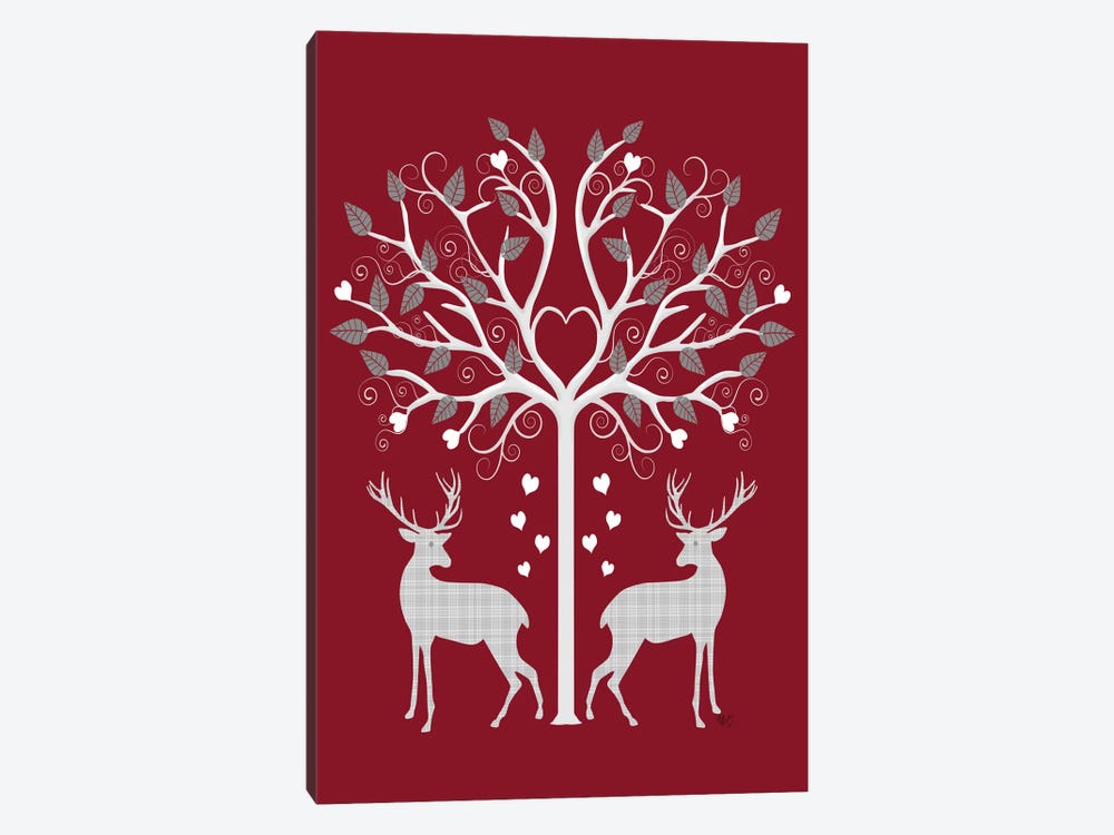 Christmas Des - Deer and Heart Tree, Grey on Red by Fab Funky 1-piece Canvas Wall Art