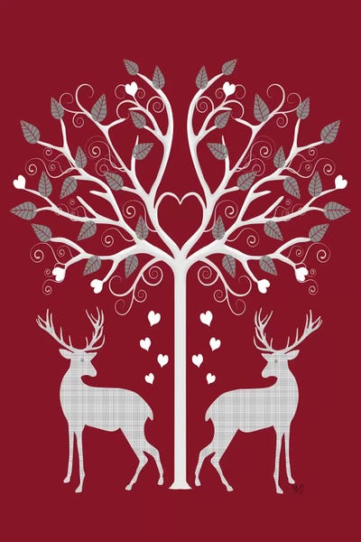 Hearts: Christmas Des - Deer and Heart Tree, Grey on Red by Fab Funky