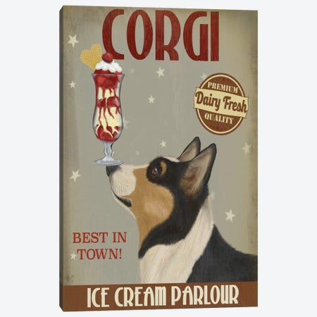 Corgi, Black and Tan, Ice Cream Canvas Print #FNK579} by Fab Funky Canvas Artwork
