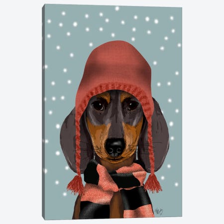 Dachshund With Woolly Hat & Scarf Canvas Print #FNK584} by Fab Funky Canvas Artwork