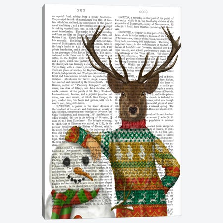 Deer in Christmas Sweater with Snowman, Print BG Canvas Print #FNK591} by Fab Funky Canvas Artwork