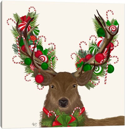 Deer, Candy Cane Wreath Canvas Art Print - Christmas Animal Art