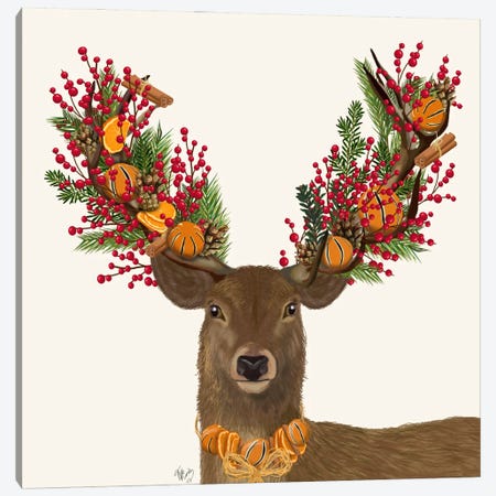 Deer, Cranberry and Orange Wreath Canvas Print #FNK593} by Fab Funky Canvas Artwork
