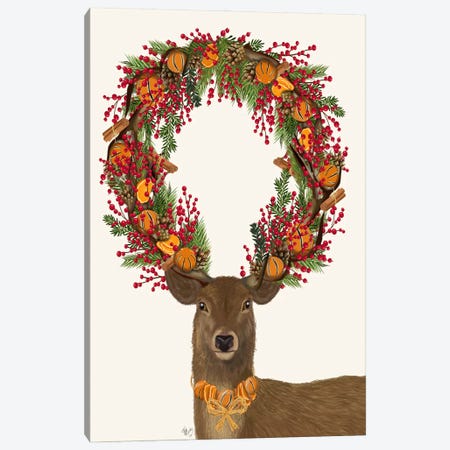 Deer, Cranberry and Orange Wreath, Full Canvas Print #FNK594} by Fab Funky Canvas Print